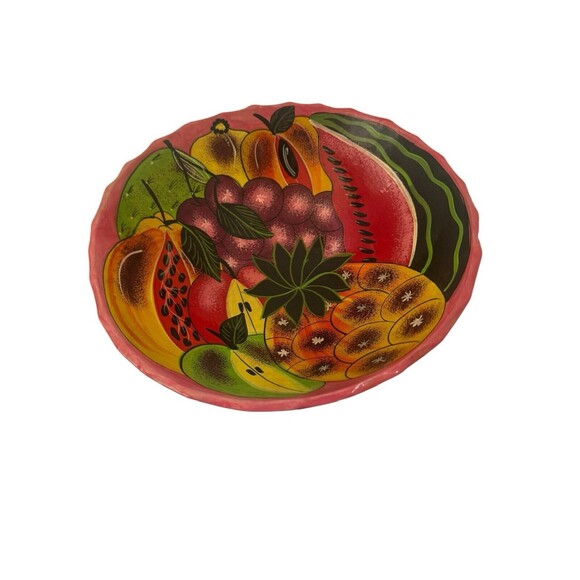 Vtg Mexican Hand Painted Footed Pottery Bowl Fruit Colorful Folk Art Boho 9.5” - Picture 1 of 16